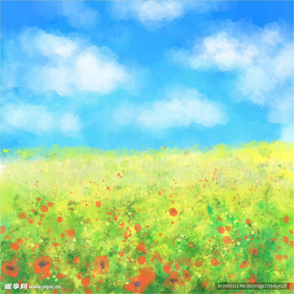 梦幻绿野花海蓝天美景