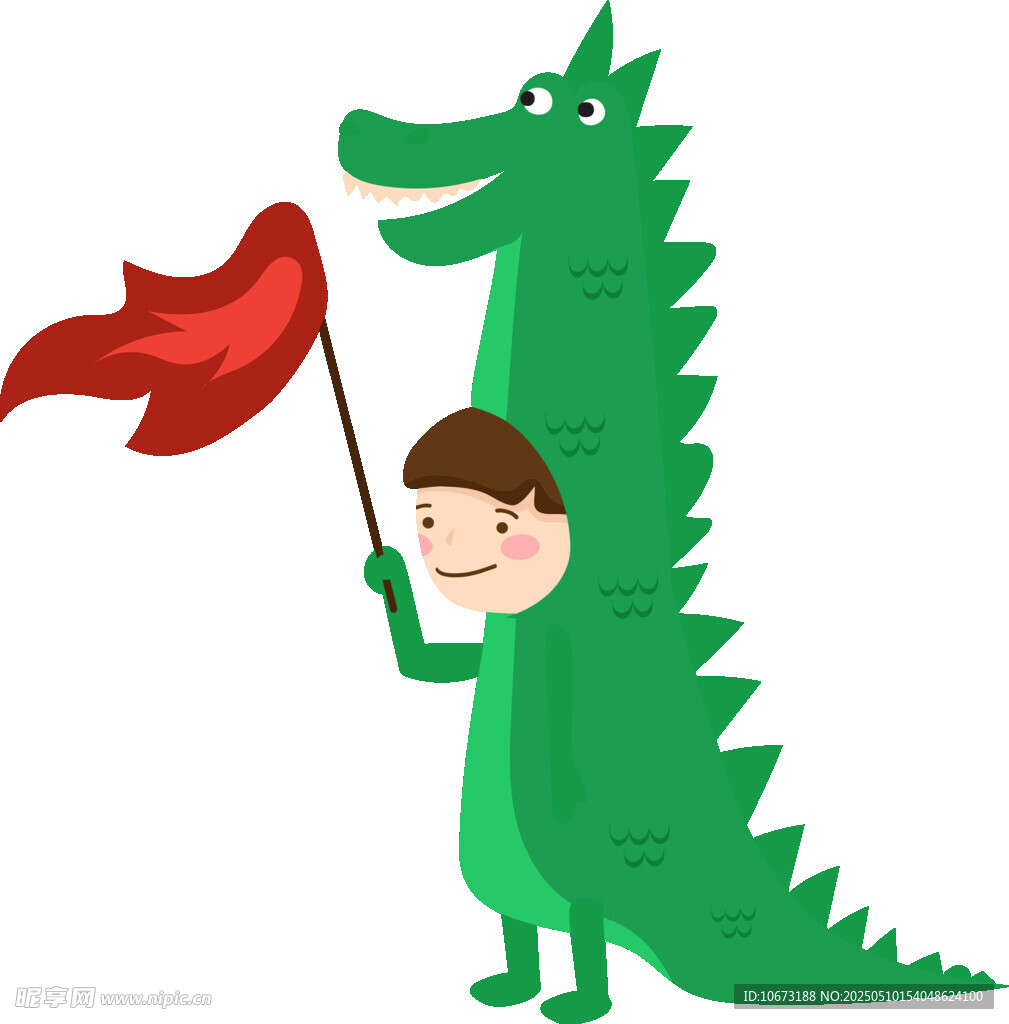 小男孩扮恐龙举红旗