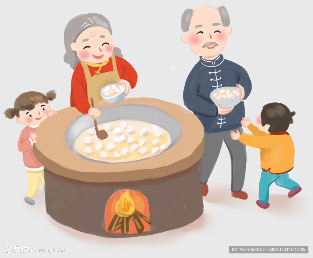 老少围炉欢乐煮食场景