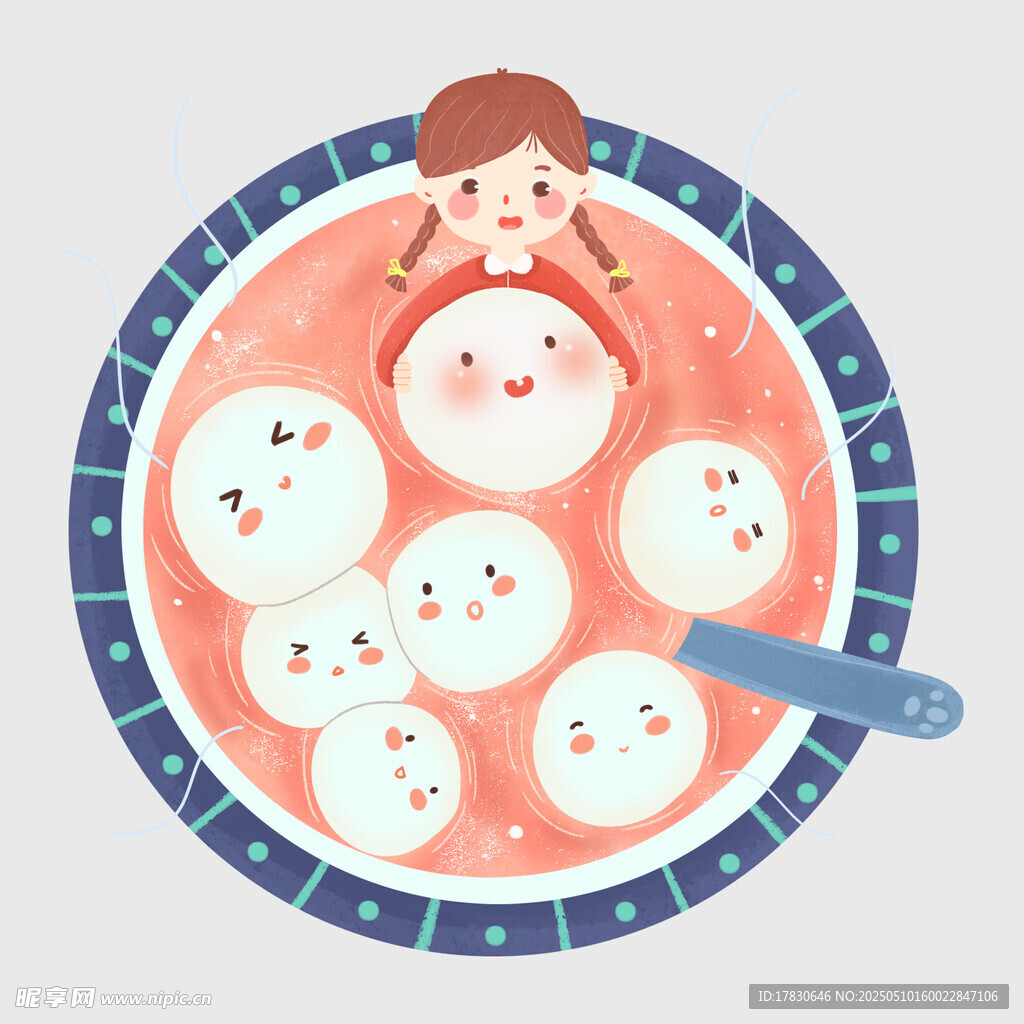 女孩在碗中与汤圆共乐
