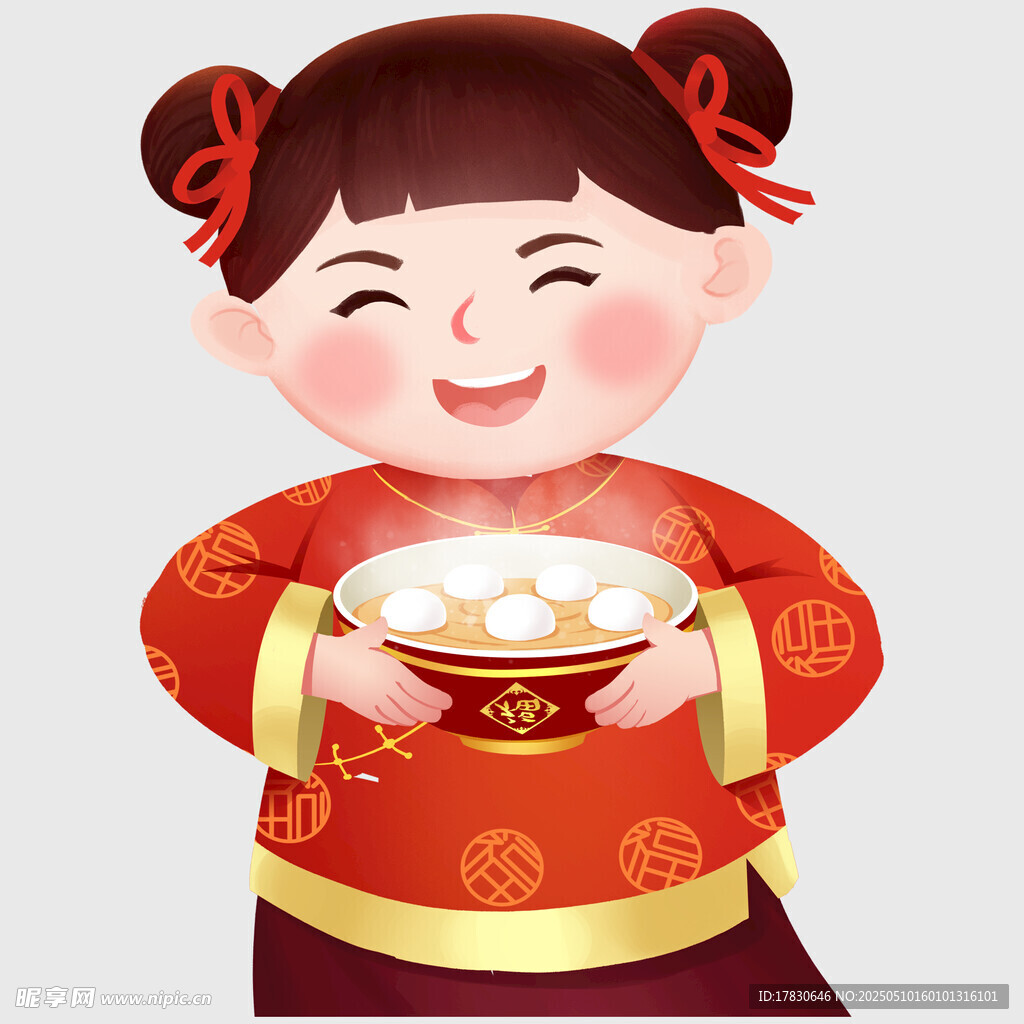 红衣女孩捧碗笑迎佳节