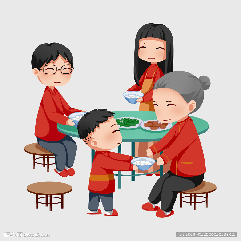 一家人欢乐围坐吃团圆饭
