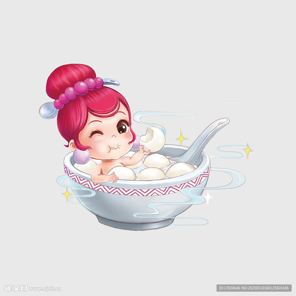 碗中萌娃泡澡的可爱插画