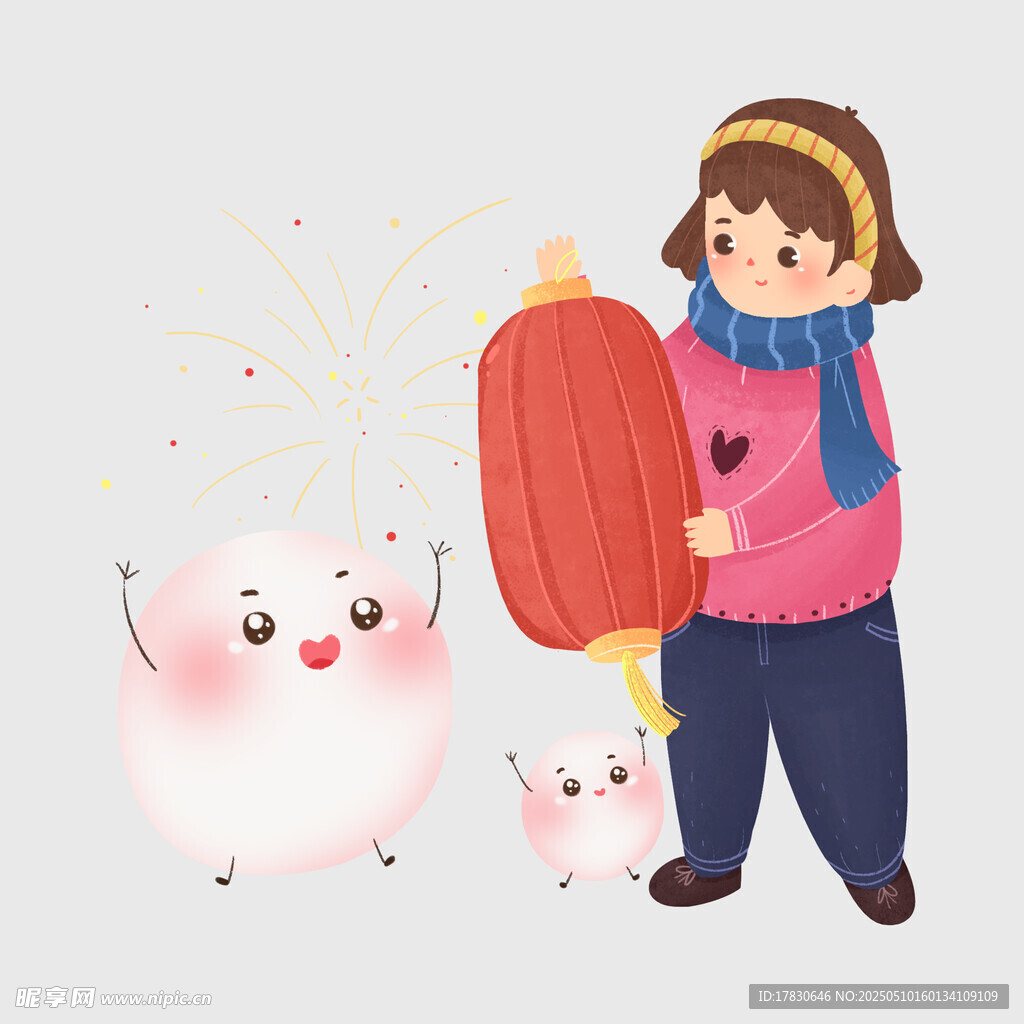 女孩与萌猪共持红灯笼