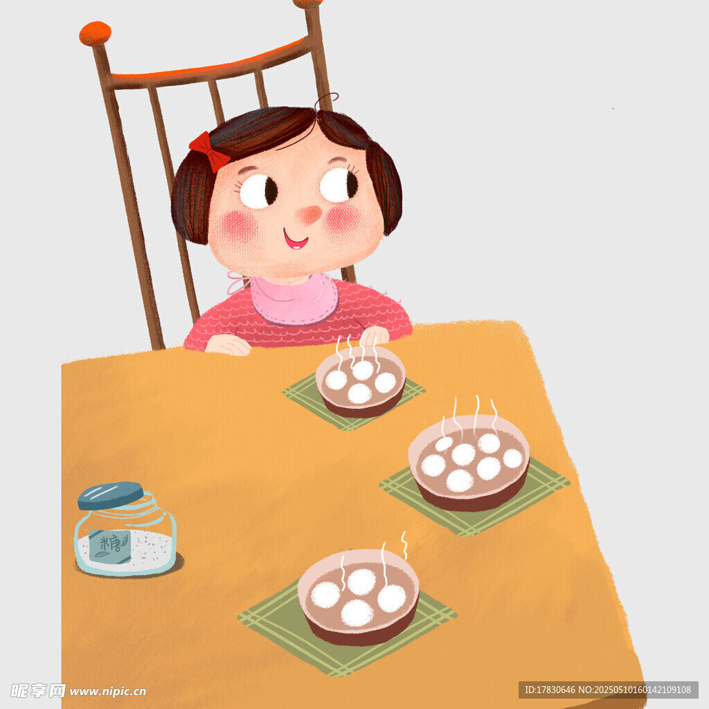 女孩开心吃桌上的食物