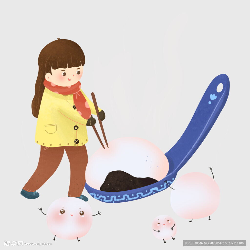女孩用巨勺铲起大汤圆