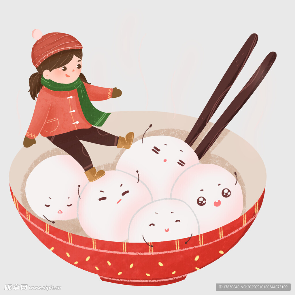 女孩坐碗中与汤圆共乐