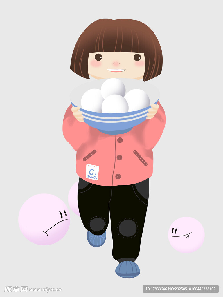 女孩捧大碗开心行走