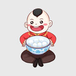 小孩捧碗吃汤圆