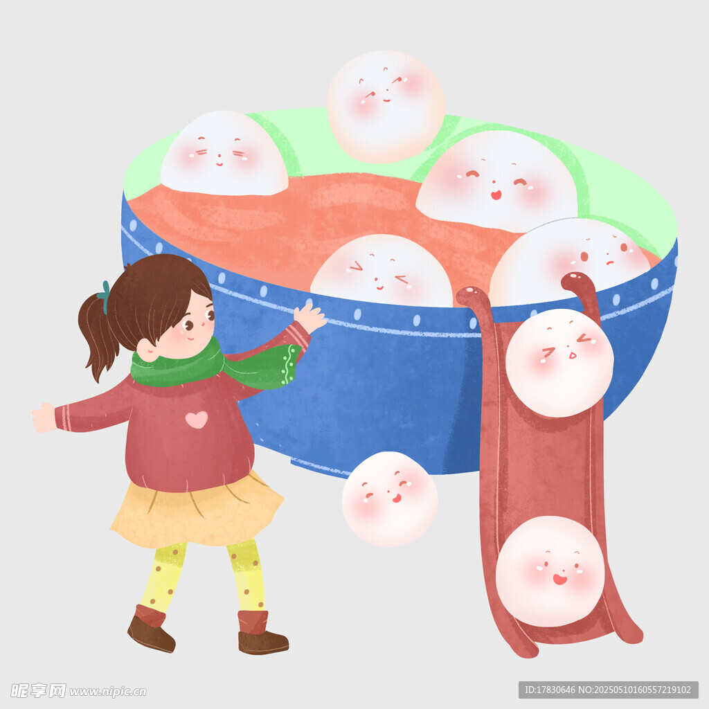 女孩与可爱汤圆欢乐场景