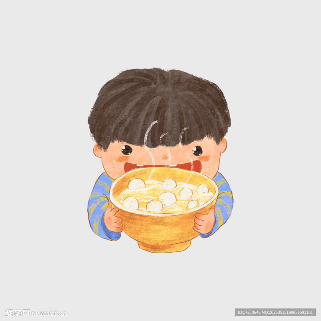 小男孩开心吃大碗食物