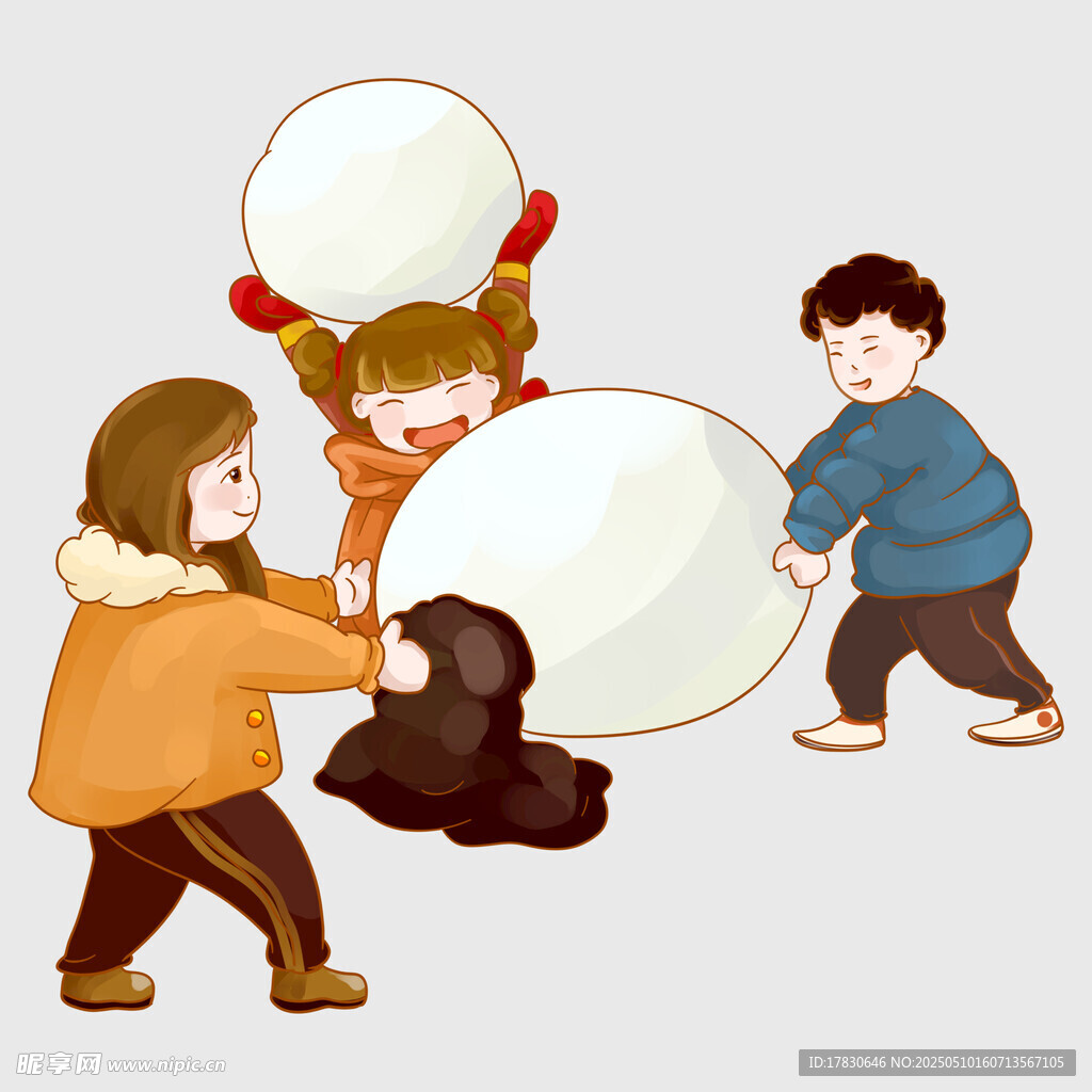 孩子们快乐地滚雪球玩耍