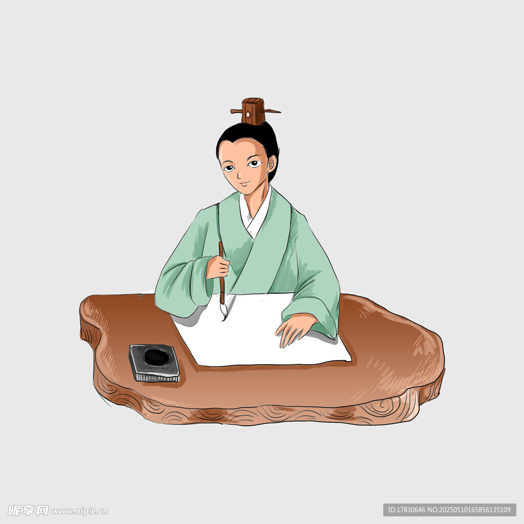古代女子伏案挥毫书写