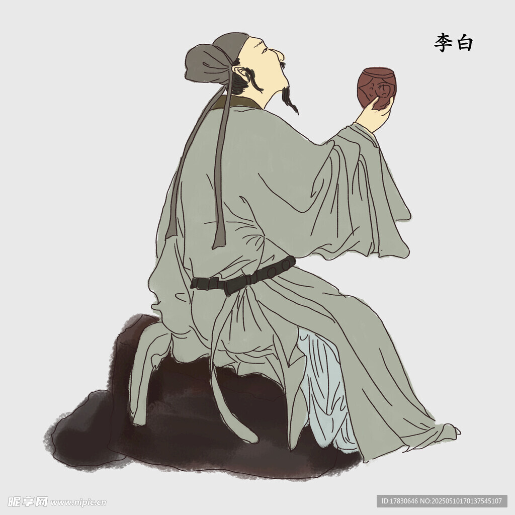 古代文人持杯仰头饮酒图