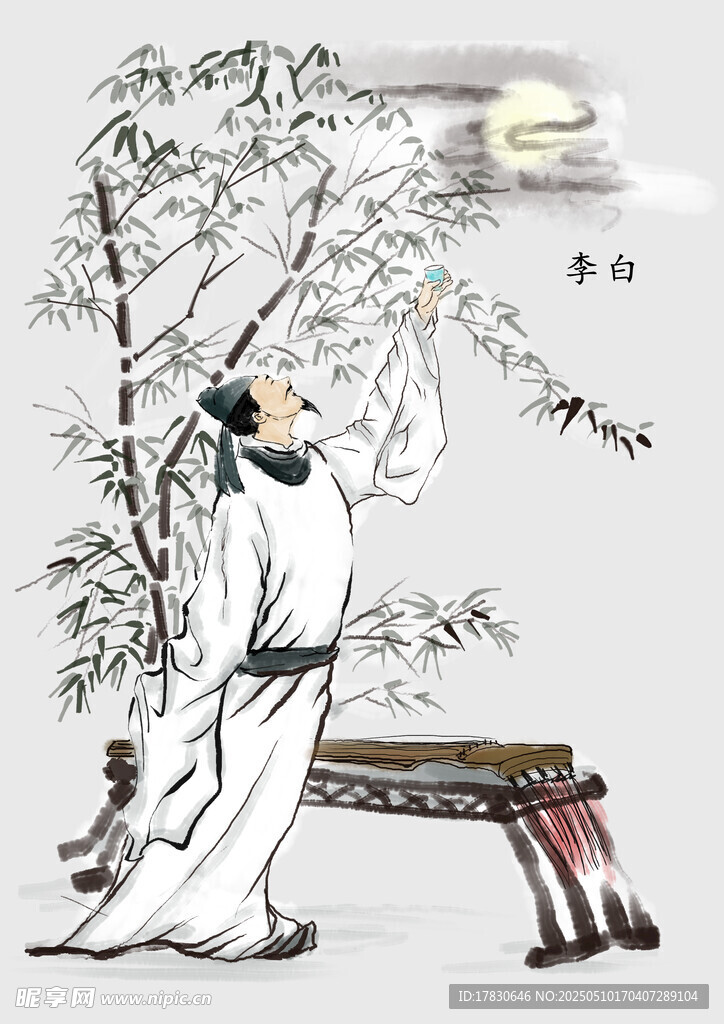 月下文人抚琴赏景图