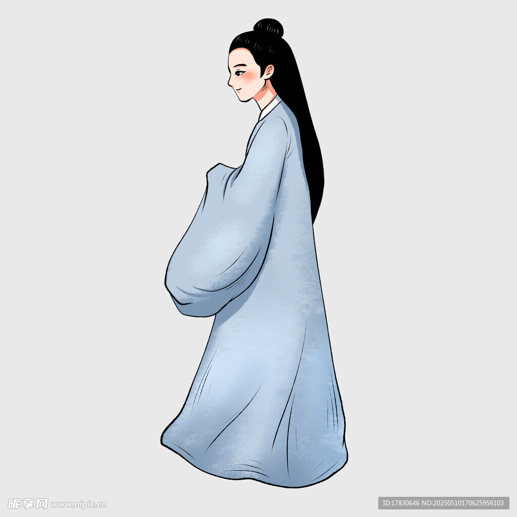 古风女子身着飘逸蓝裳