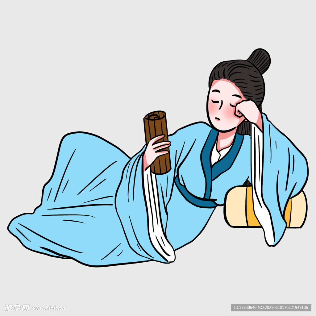 古代女子侧卧读书图