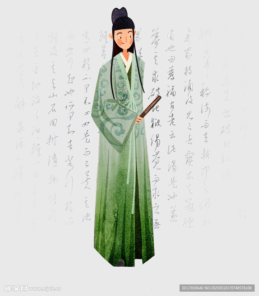 古风绿衣持杖人物形象