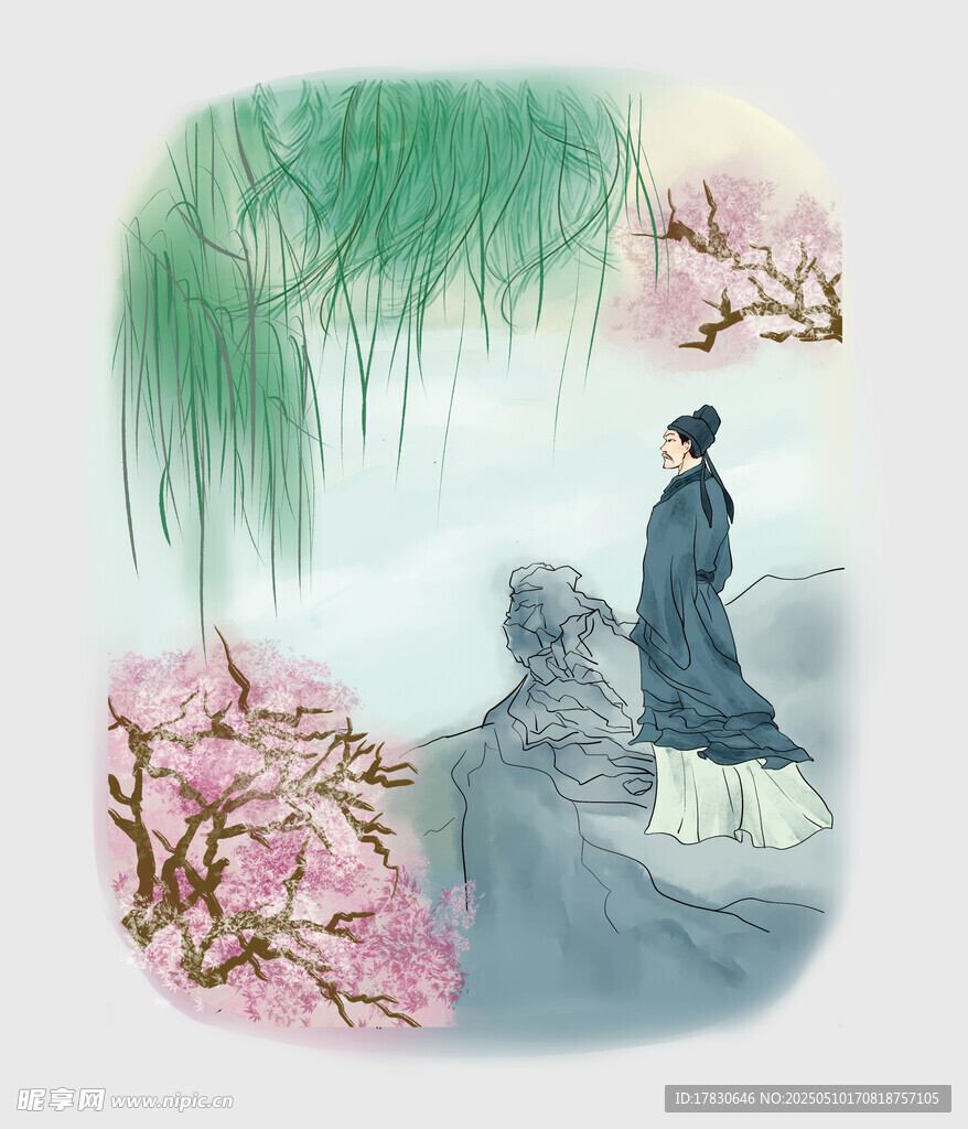 古风男子赏柳畔桃花