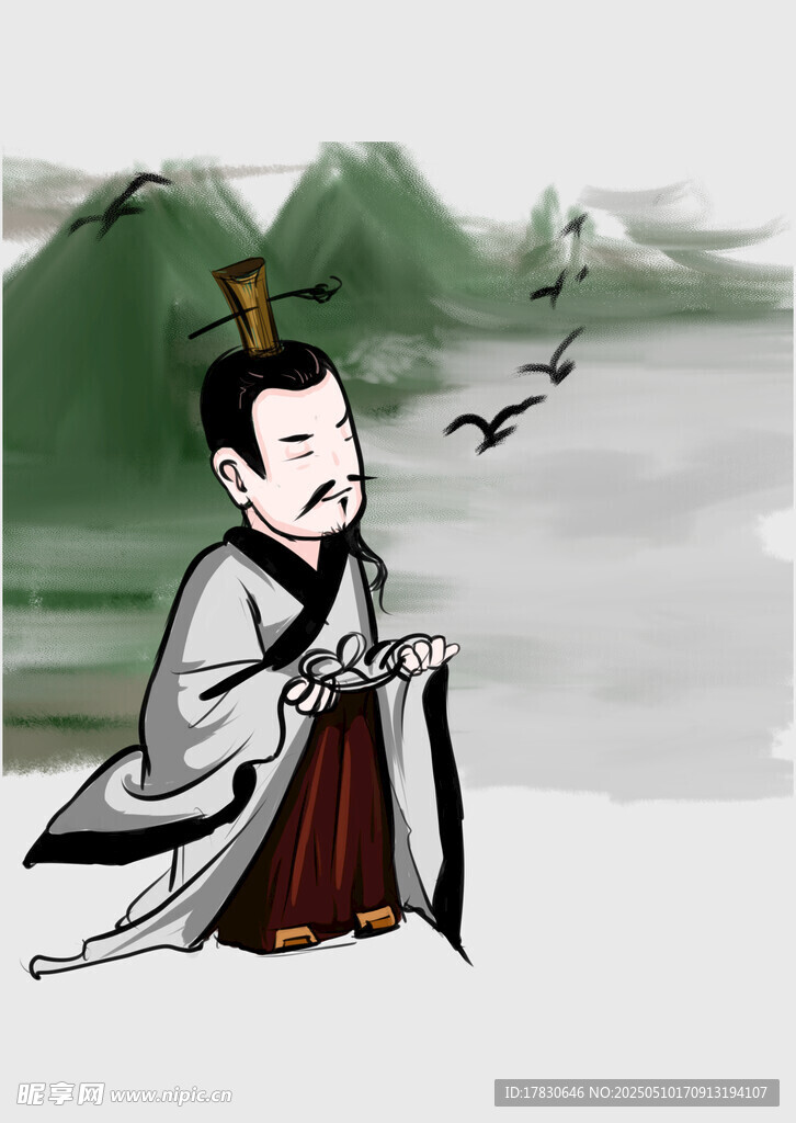 古代文人雅士江边沉思图