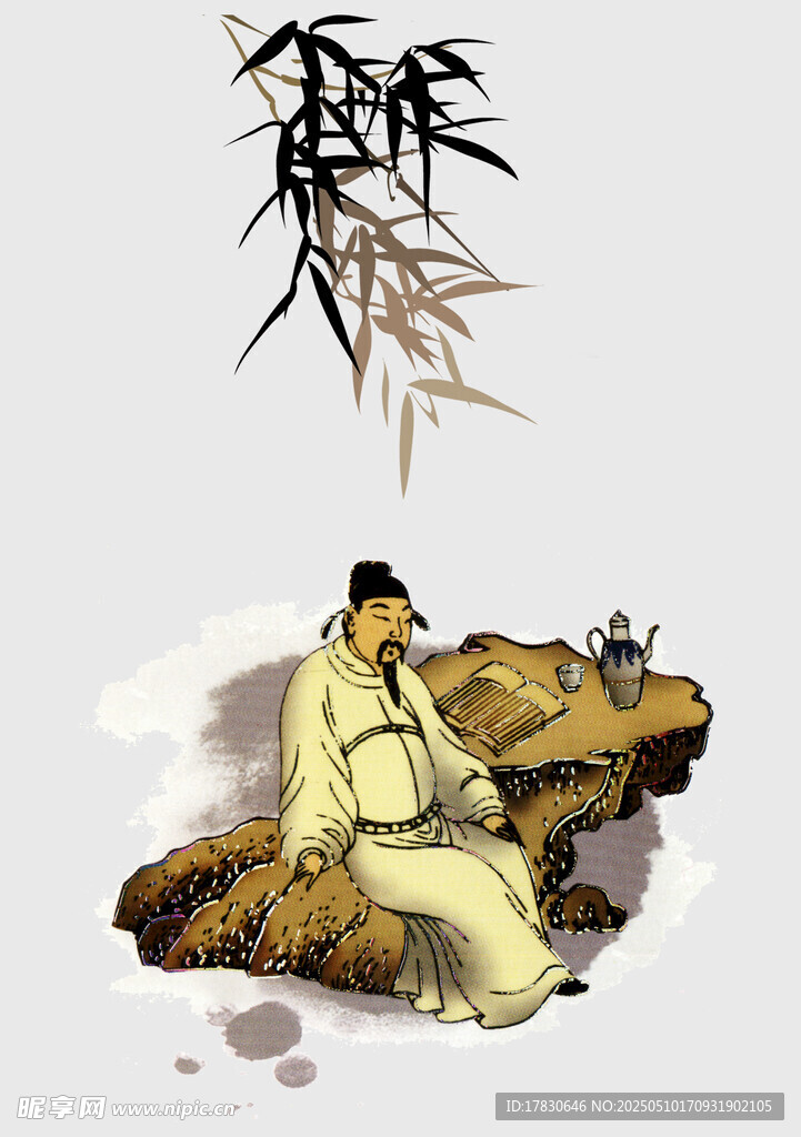 古代文人独坐赏竹意境图