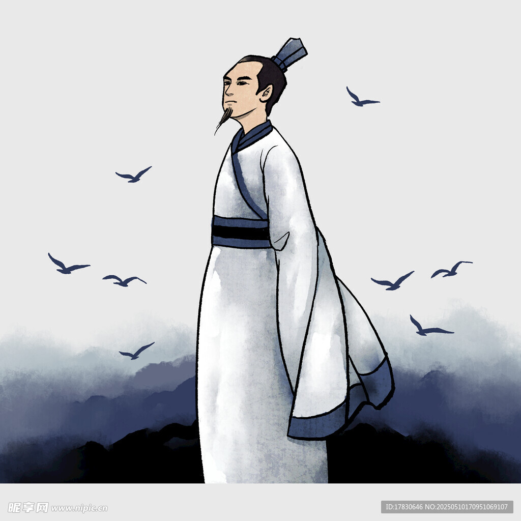 古风男子立于飞鸟山水间