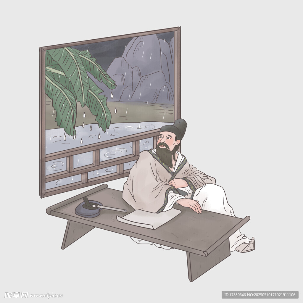 古人窗前读书图