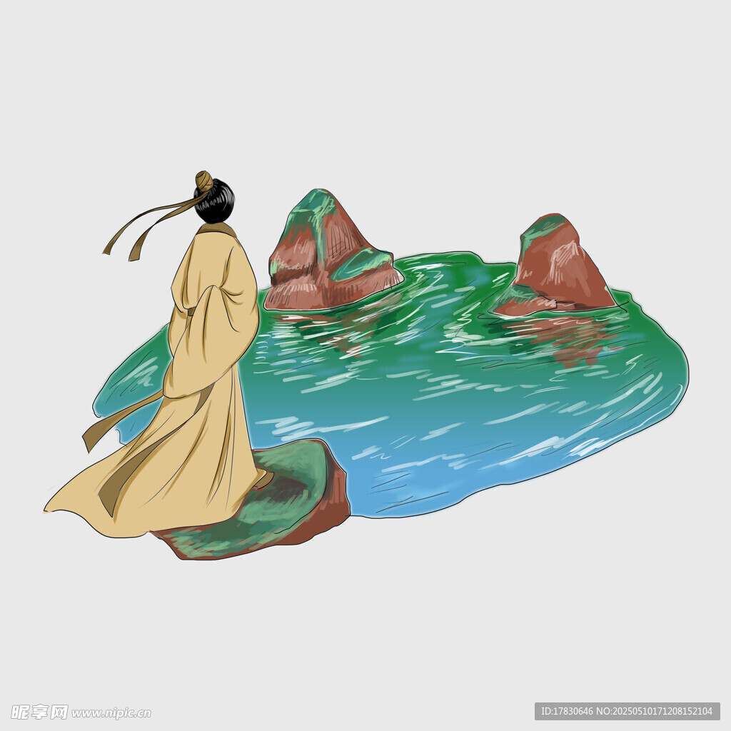古装人物临水而立赏景