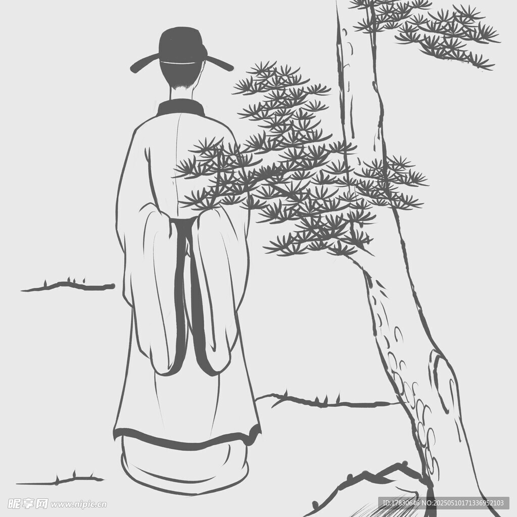 古装人物倚树背影图
