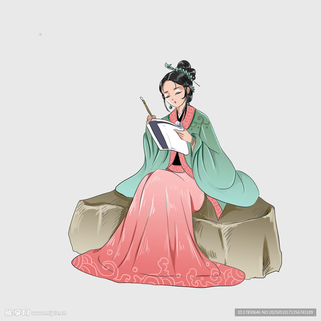 古风女子持卷优雅端坐
