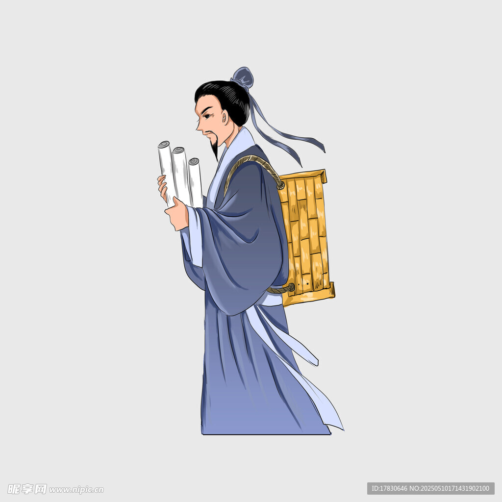 古代书生背书卷出行图