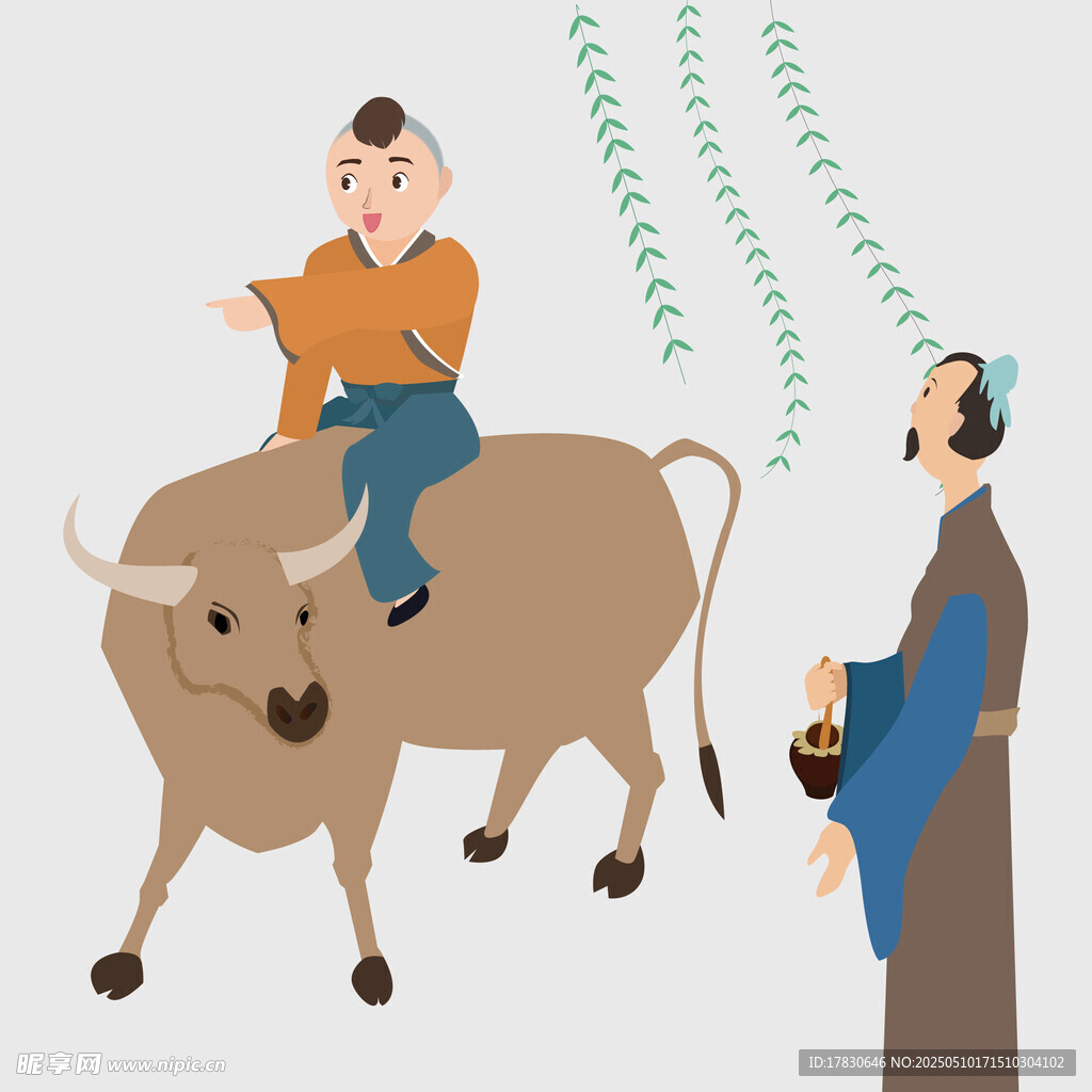 牧童骑牛与老者对视场景