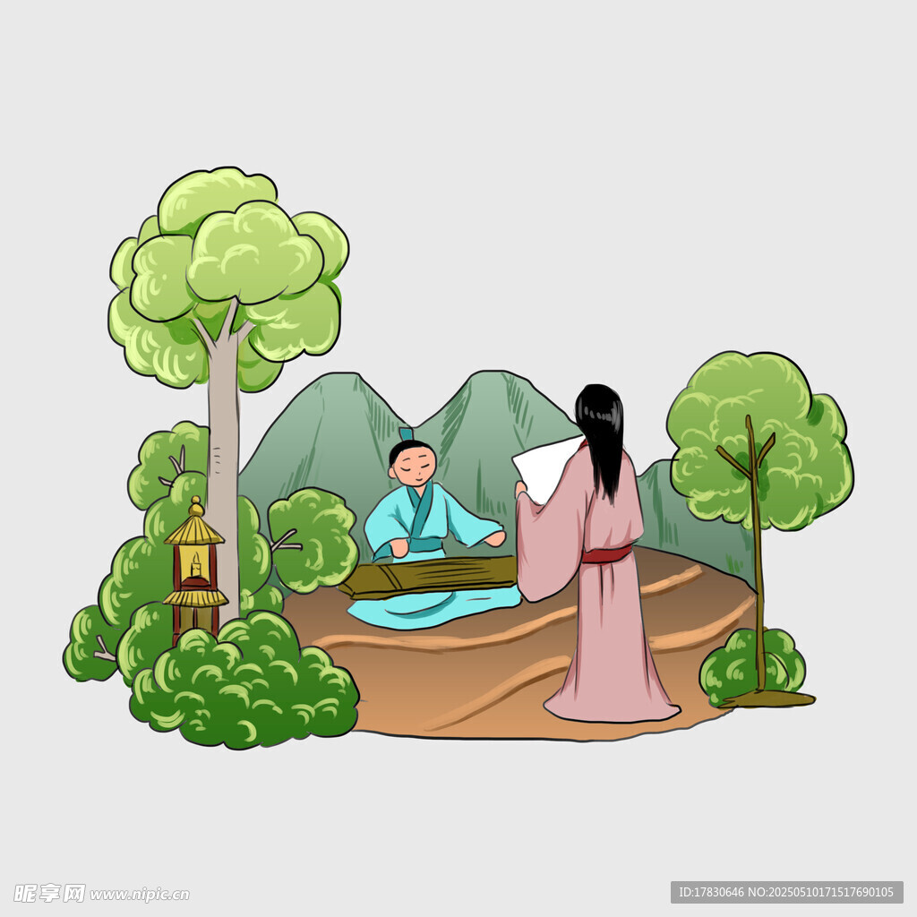 古风男女于林间温泉赏景