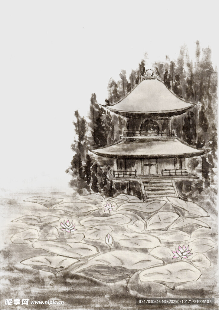 水墨风湖心亭景观图