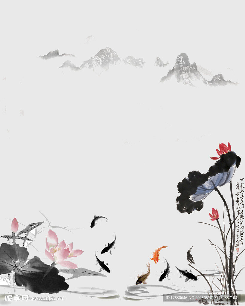 水墨荷塘飞鸟山水图景