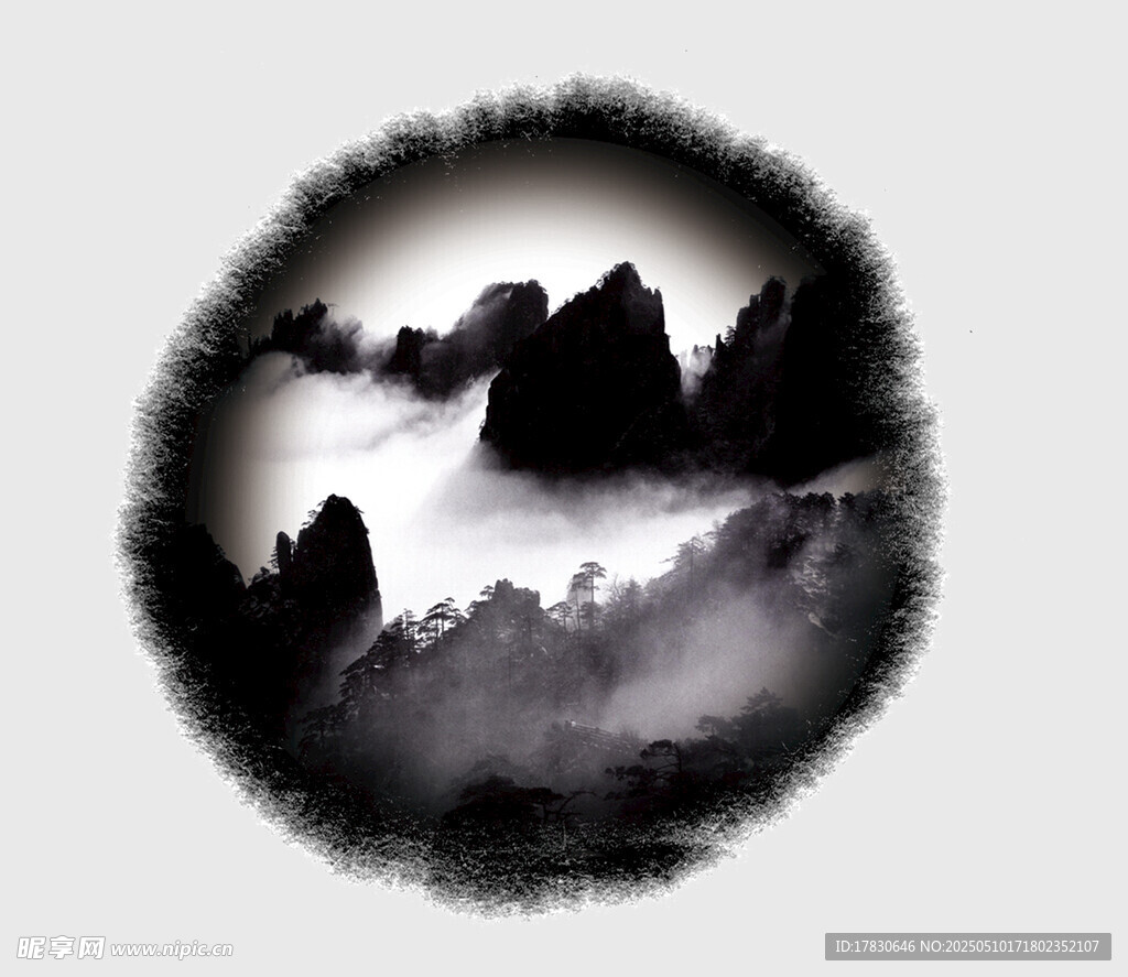 水墨山水圆形意境图