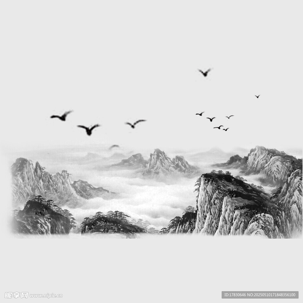 水墨山水飞鸟图