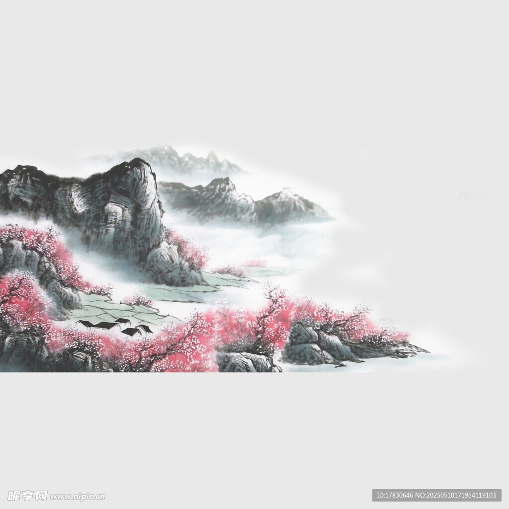 水墨山水间的烂漫粉色