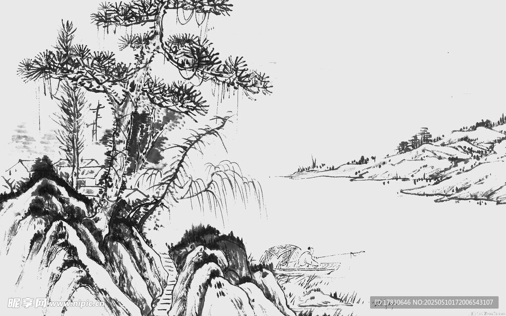 水墨山水松树景致图