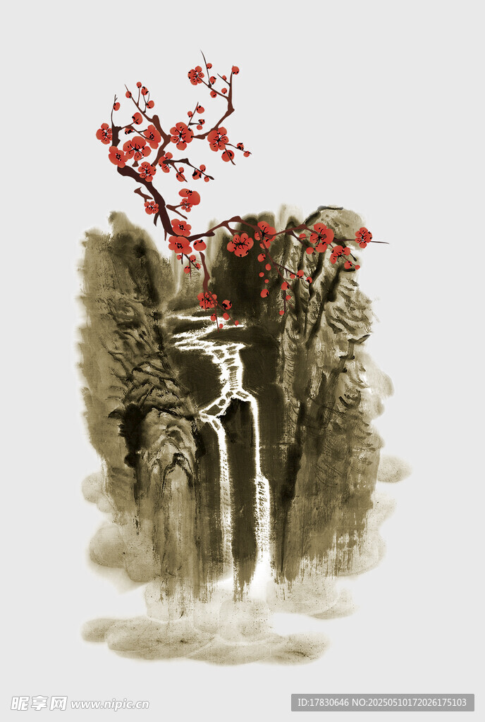 水墨山水间的红梅瀑布