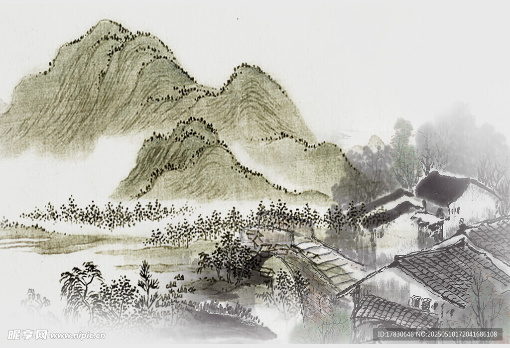 水墨山水乡村景致图