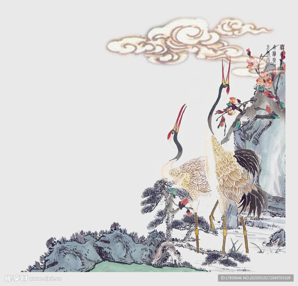 中式山水间双鹤祥瑞图景