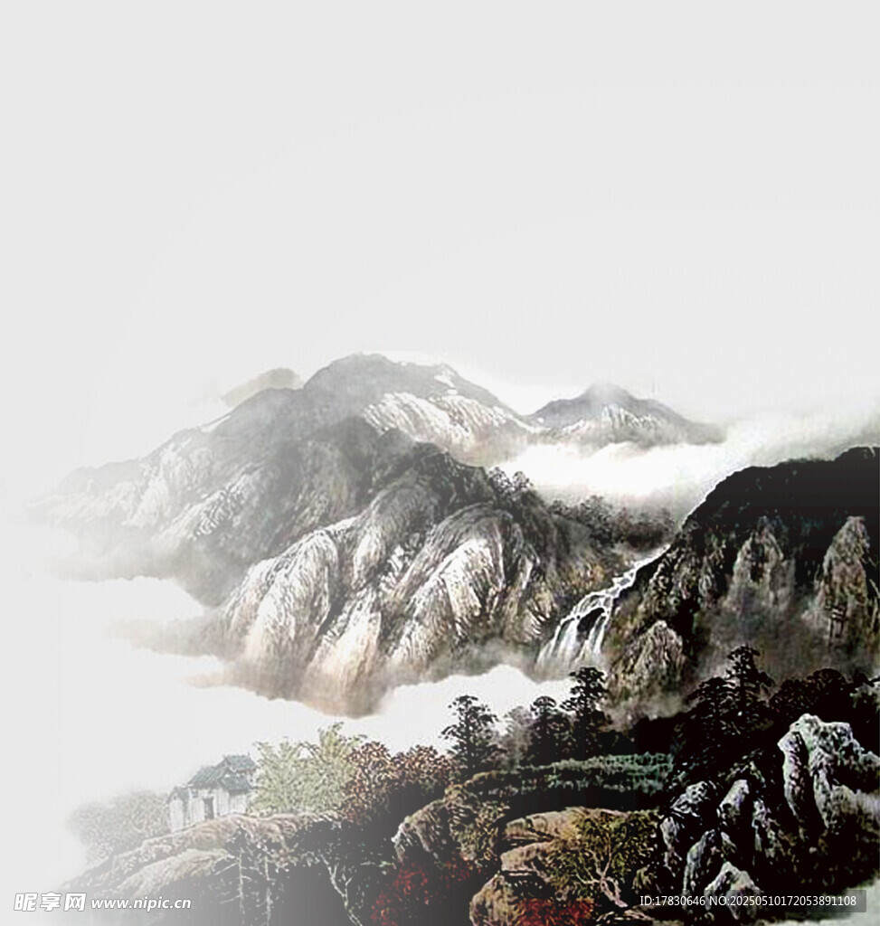 水墨山水间的云雾缭绕之景