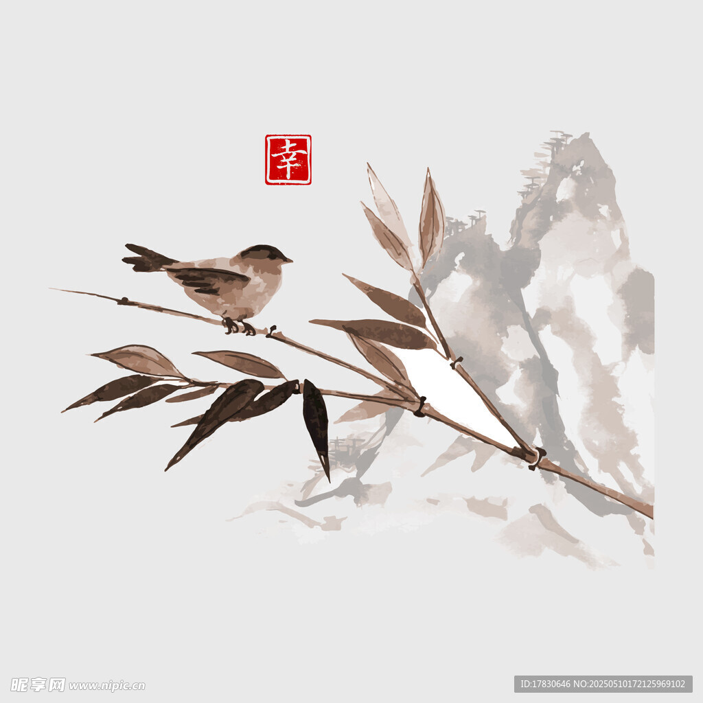 水墨竹枝上的小鸟