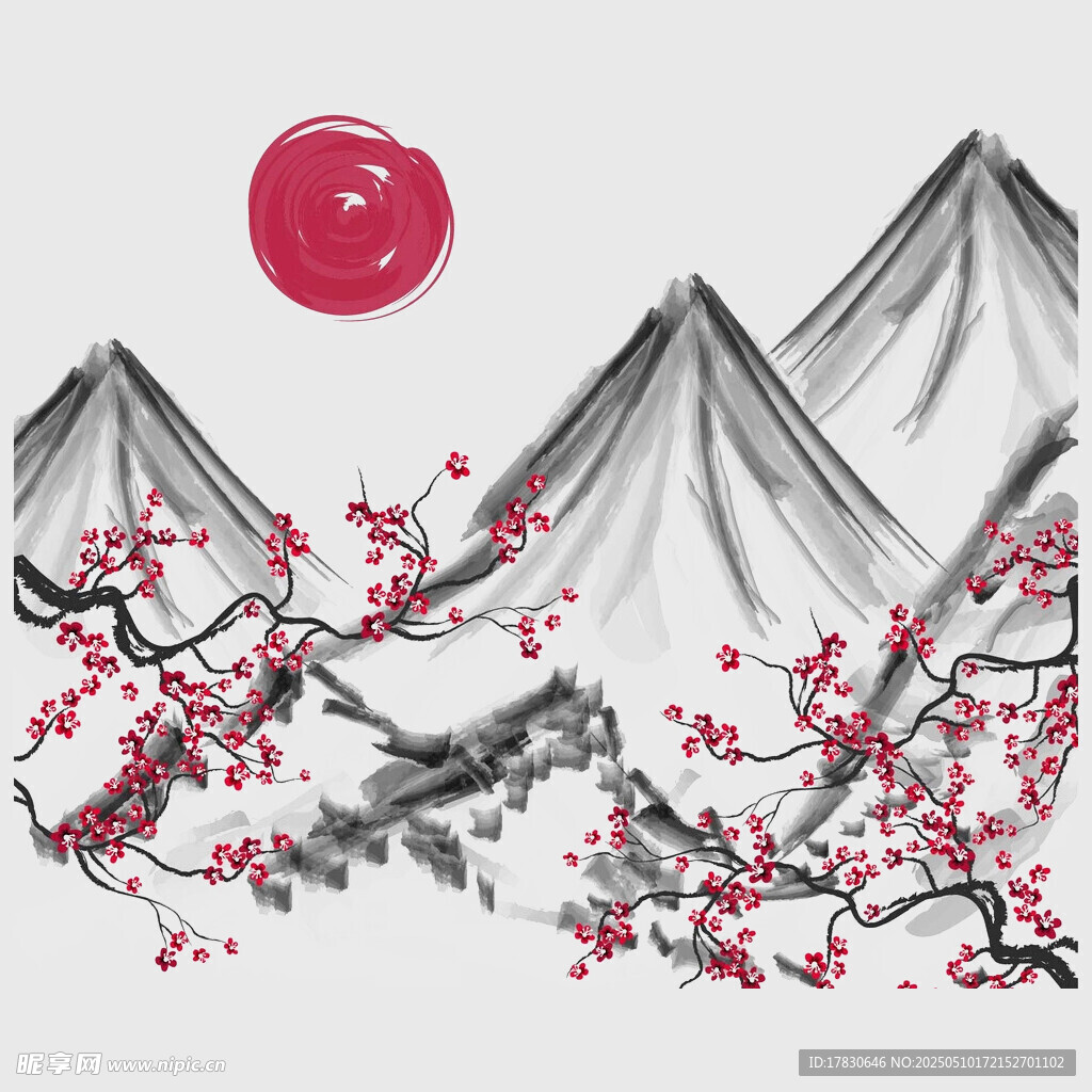 水墨红梅映山红日景