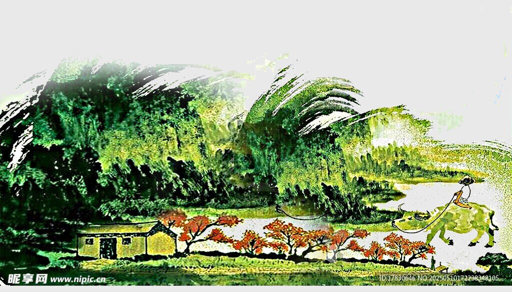 河畔村落风景图