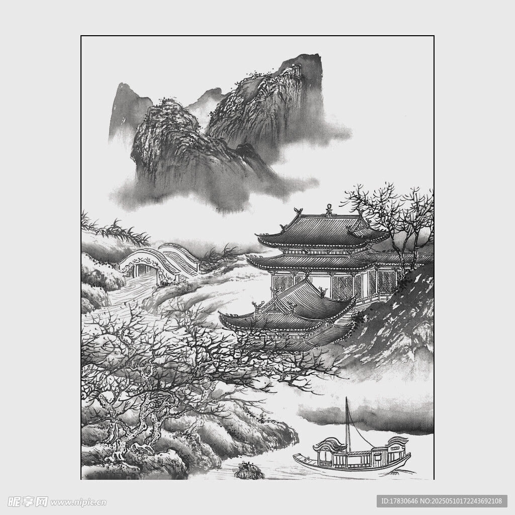 水墨山水古建筑风景图