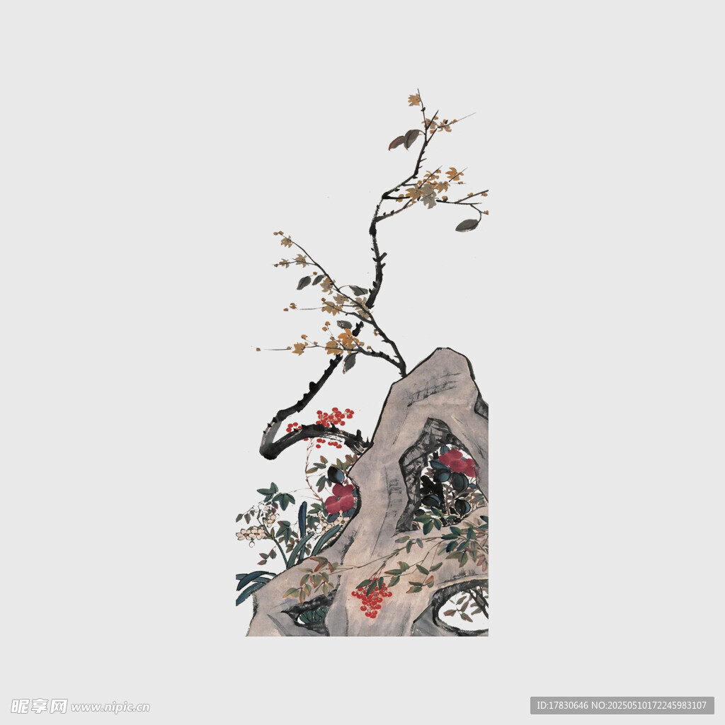 中式水墨梅花山石图