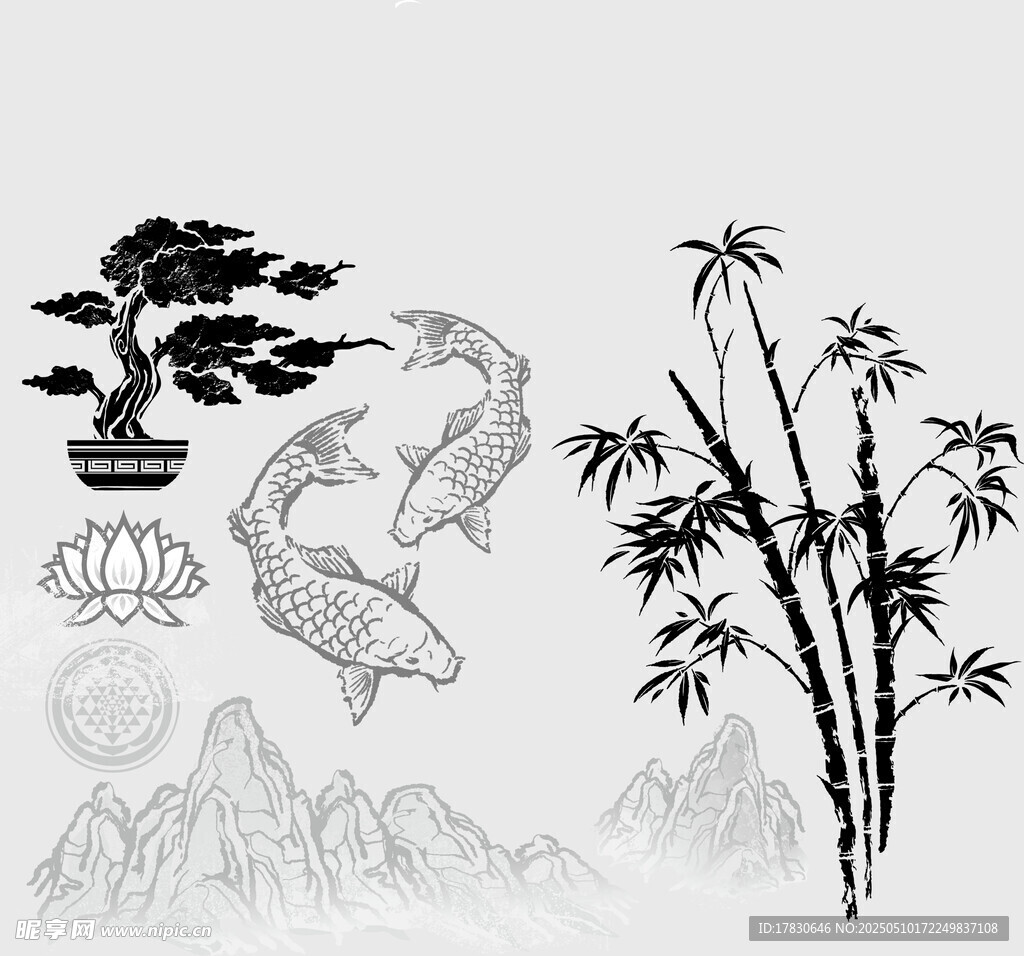 中式水墨风动植物图案