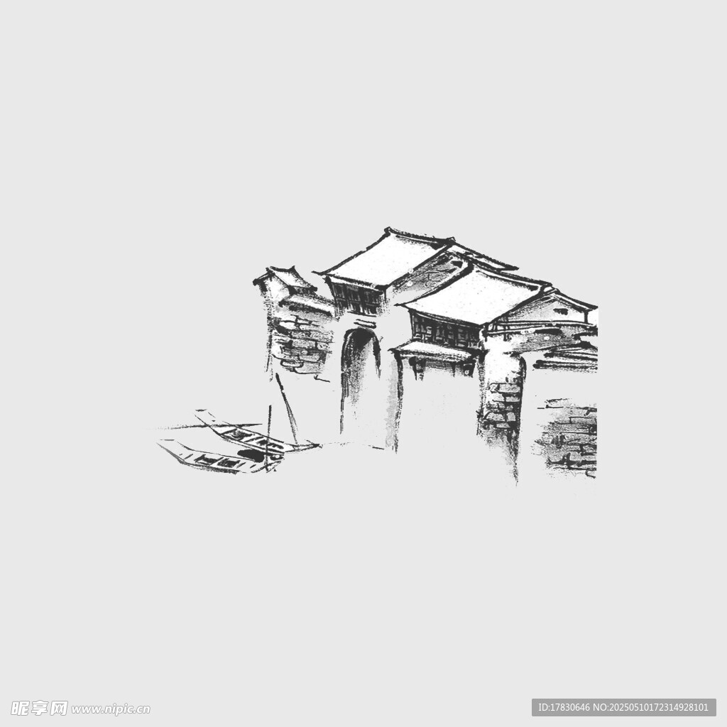 水墨风中式建筑简笔画